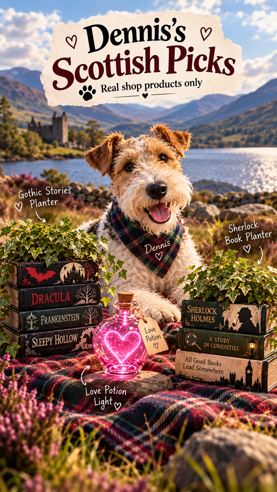 Dennis the Wire Fox Terrier with Power Dowie Products in a Scottish landscape