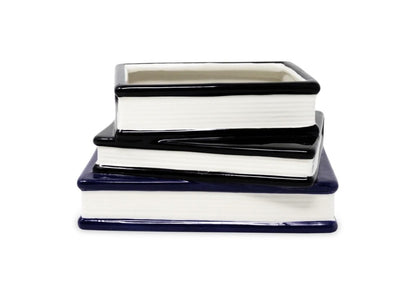 Side view of the Gothic Stories stacked book planter showing ribbed page-edge detail
