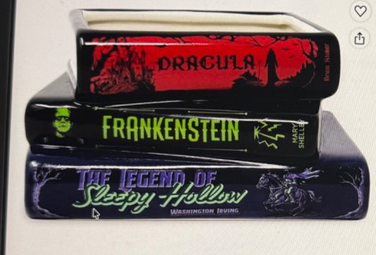 Steel Mill & Co Gothic Stories stacked book planter featuring Dracula, Frankenstein and The Legend of Sleepy Hollow