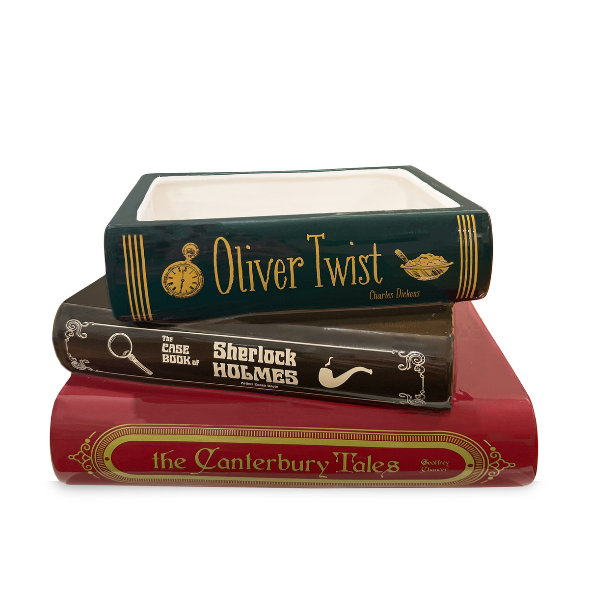 Steel Mill & Co stacked book planter featuring Oliver Twist, The Case-Book of Sherlock Holmes and The Canterbury Tales