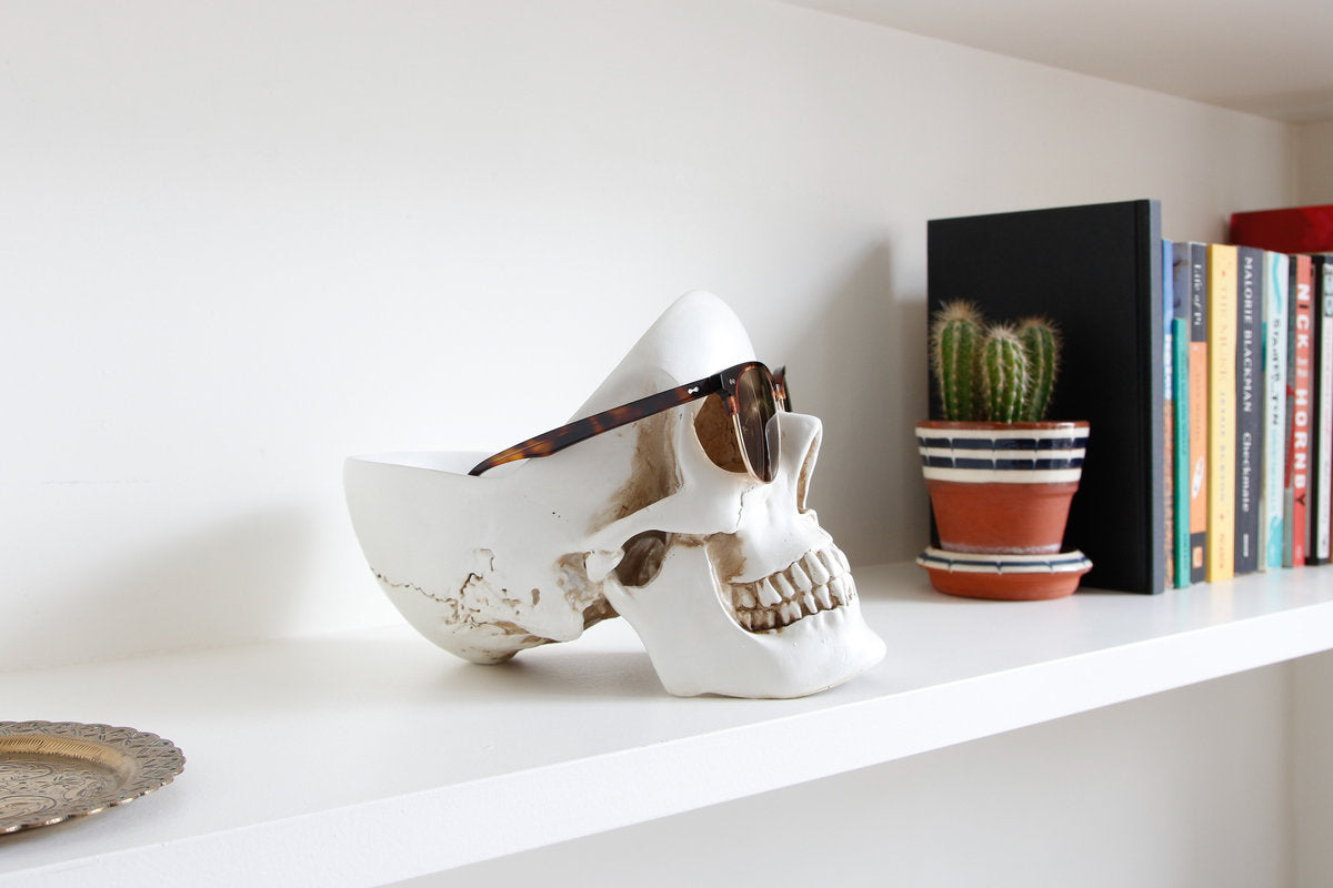 White Skull Tidy holding sunglasses on a shelf beside a potted cactus